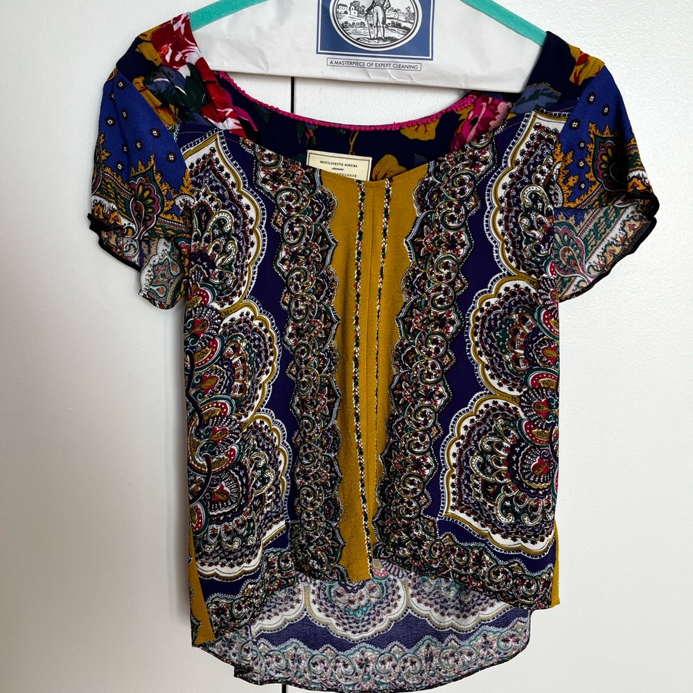Moulinette Soeurs by Anthropologie Purple and Yellow Paisley Top